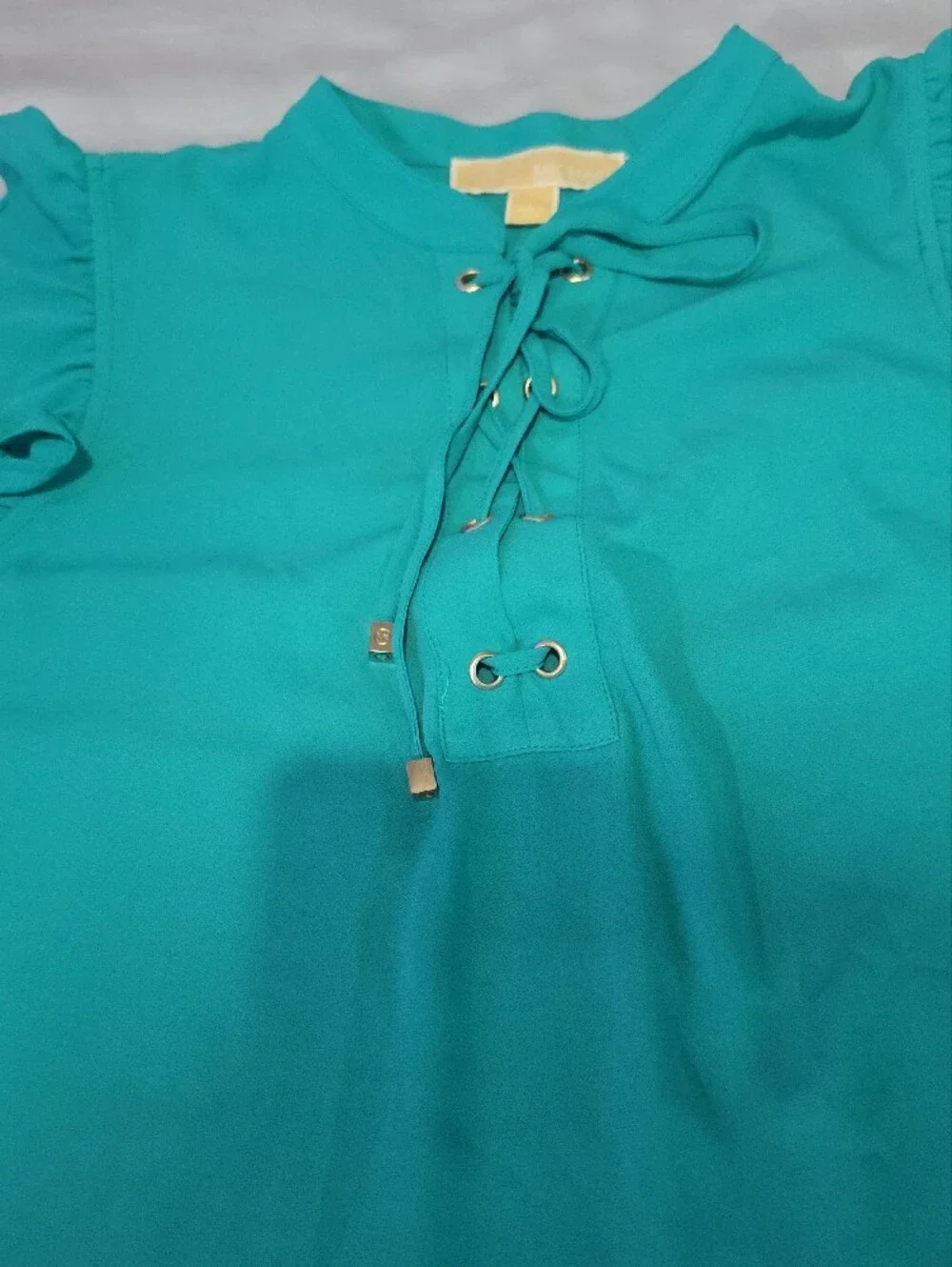 Michael Kors Teal Lace-Up Ruffle Sleeve Tank